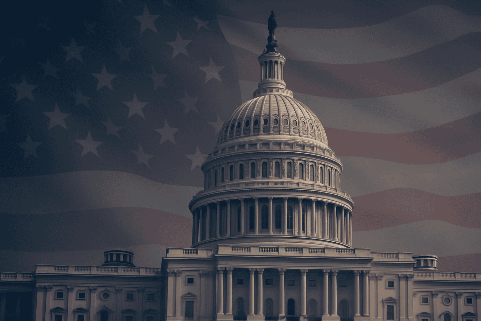 Capitol building with American flag background, symbolizing government and patriotism.