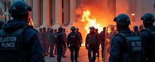 Distracted police officers standing amid fiery chaos during protest or riot scene.