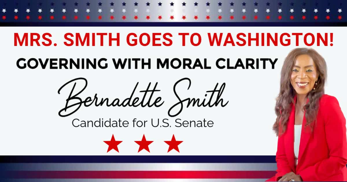 Bernadette Smith smiling in a red blazer for U.S. Senate campaign.